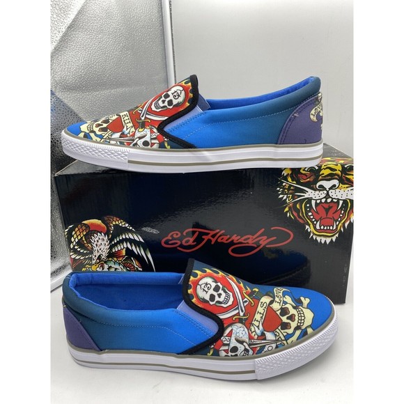 Other - Ed Hardy Mens Canvas Shoes Size 10 Low Top Blue  Slip On Lifestyle Sneakers